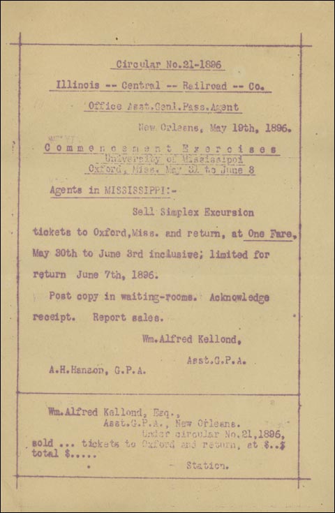 Circular #21-1896, Illinois Central Railroad Company, Office of the Assistant General Passenger Agent to clerks