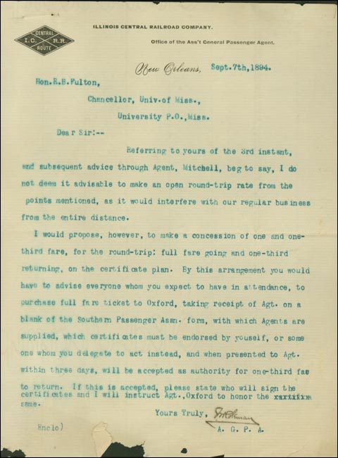[JM Johnson] Assistant General Passenger Agent, Illinois Central to University of Mississippi Chancellor Fulton