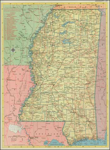 Map of Mississippi Railroads highlighting Oxford, MS., 1952