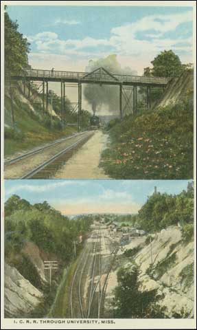 Color postcard. I.C.R.R. Through University, Miss., Published by University Store, University, Miss. Circa 1920.