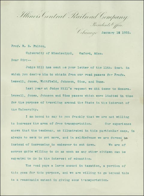 Stuyvesant Fish, President of the Illinois Central Railroad to University of Mississippi Chancellor R.B. Fulton. [Page 1]