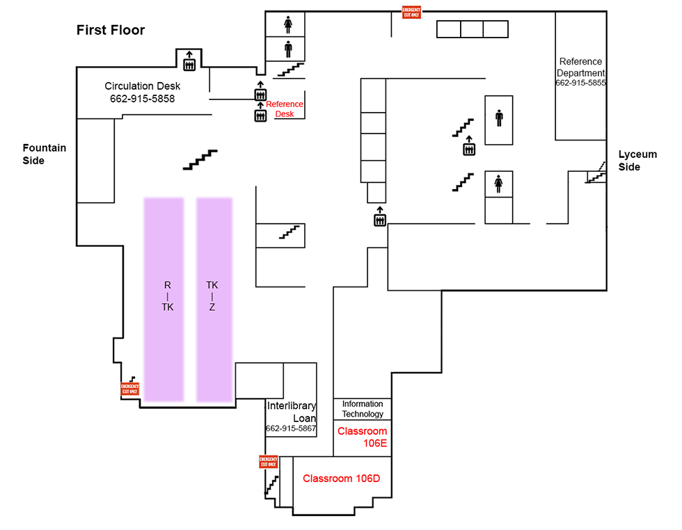 map for the first floor of J.D. Williams Library