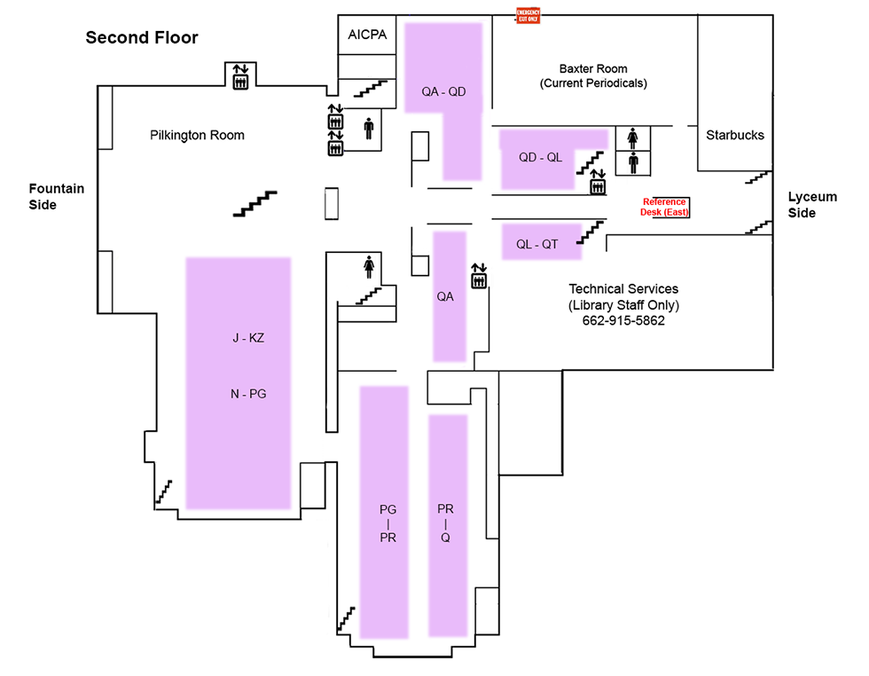 map for the second floor of J.D. Williams Library