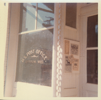 3  inches x 3  inches. Image of 'U.S. Post Office, Jefferson, Miss' taken on the set of <I>The Reivers</I>. October 1968.
