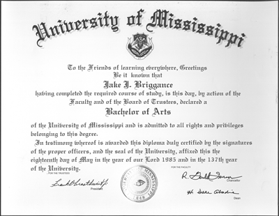 Prop. Mock diploma used on the set of A Time to Kill.