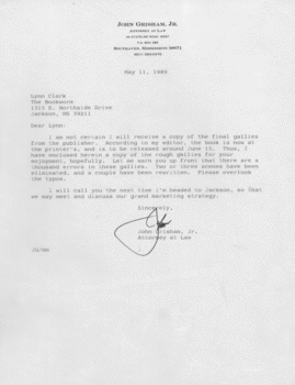 Typed Letter. John Grisham to Lynn Clark