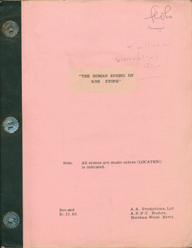 Vivien Leigh's mimeograph film script, The Roman Spring of Mrs. Stone (revised November 28, 1960), with handwritten annotations. 199 pages.