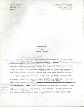 Typed manuscript of Larry Brown's 'Samaritans' with handwritten corrections, page 1.