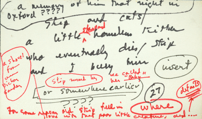 3 inch x 5 inch autograph note card. Notes used by Willie Morris to organize the writing of My Dog Skip. Re: Willie burying a homeless kitten in Oxford, Mississippi.